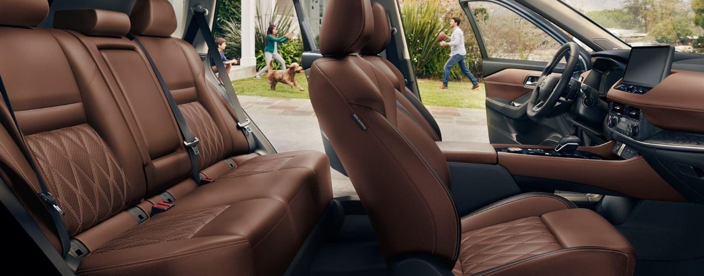 Brown leather interior of the 2026 Nissan Rogue.