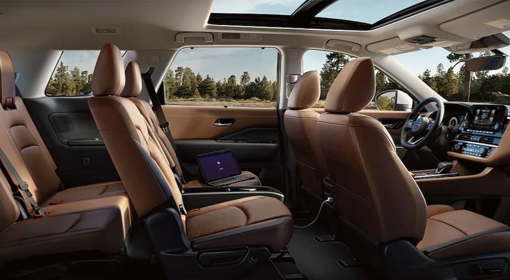 Tan interior in a 2024 Nissan Pathfinder.